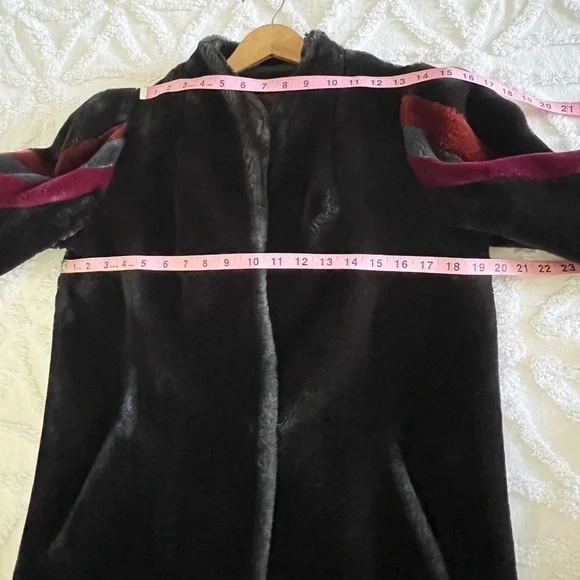 Vintage 80s Black Faux Fur Teddy Coat Colorblock Stripe Size Medium - Picture 11 of 12